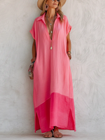 Stylish Casual Color-block Cotton-linen Dress With Polo Collar