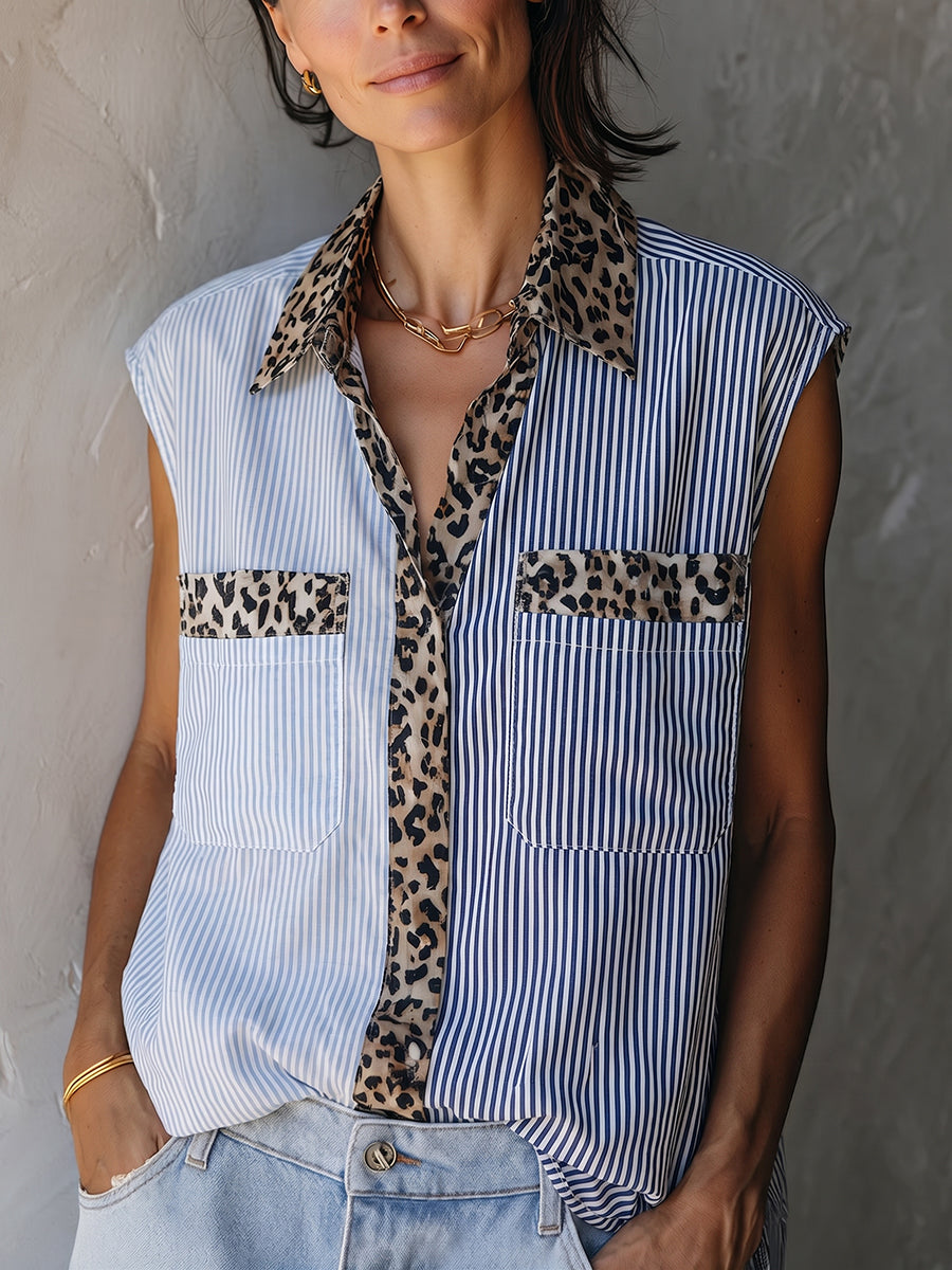 Casual Leopard-print And Striped Patchwork Cotton Blouse