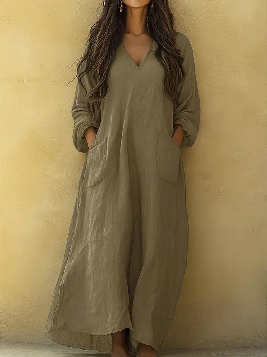 Women's Solid Color Art Print Casual Cotton Linen Dress