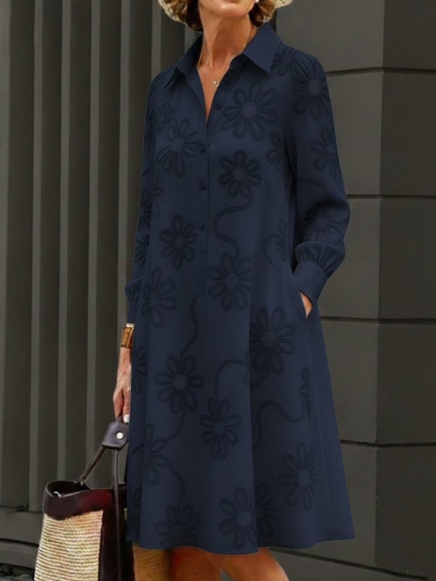 Elegant Floral Embroidered Shirt-collar Dress