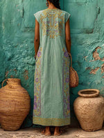 Women's Casual Loose Cotton-linen Dress — V-neck Sleeveless With Placement Print