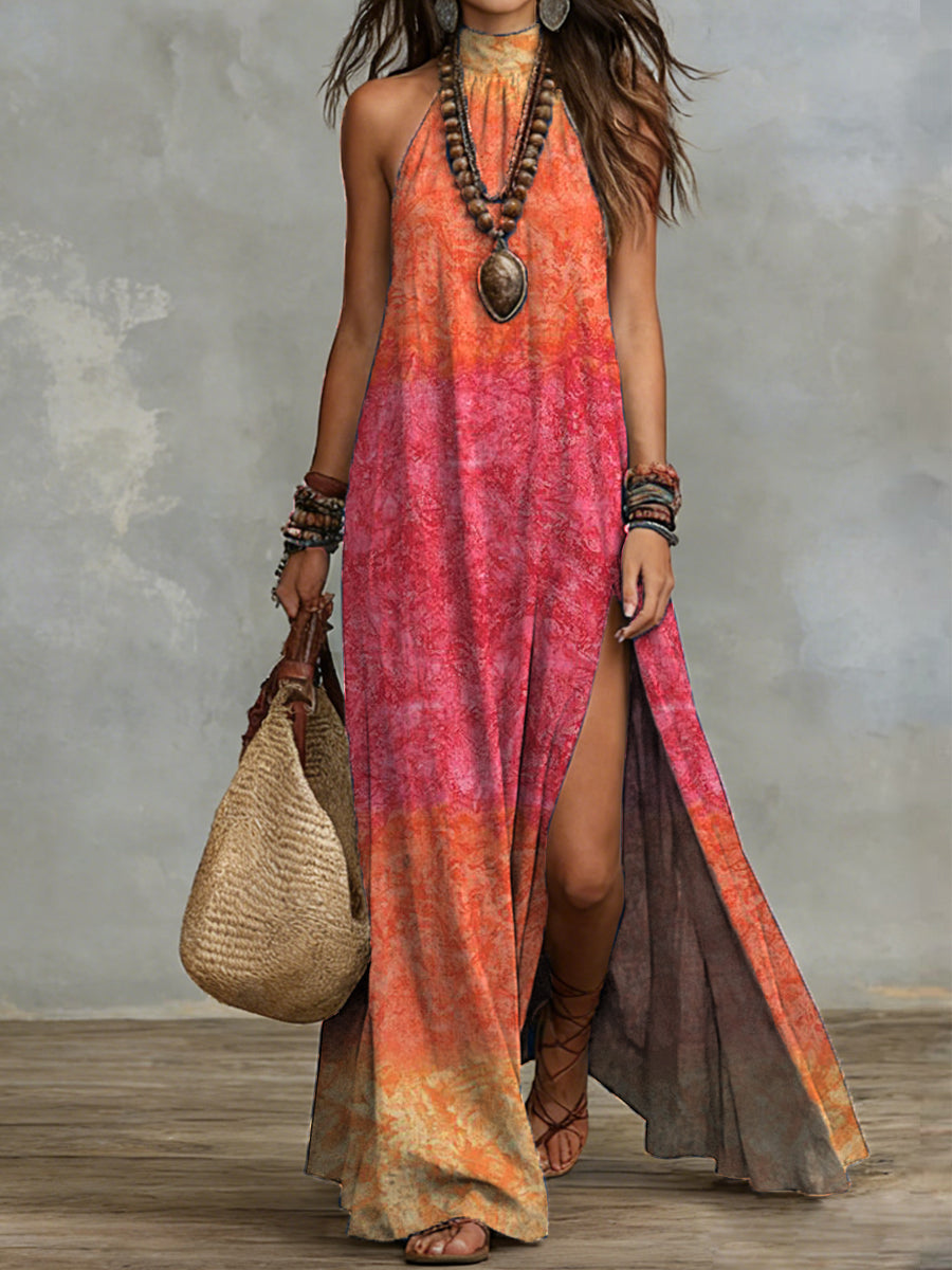 Bohemian-style Tie-dye Ombré Art Print Halter-neck Cotton-linen Dress With Slit