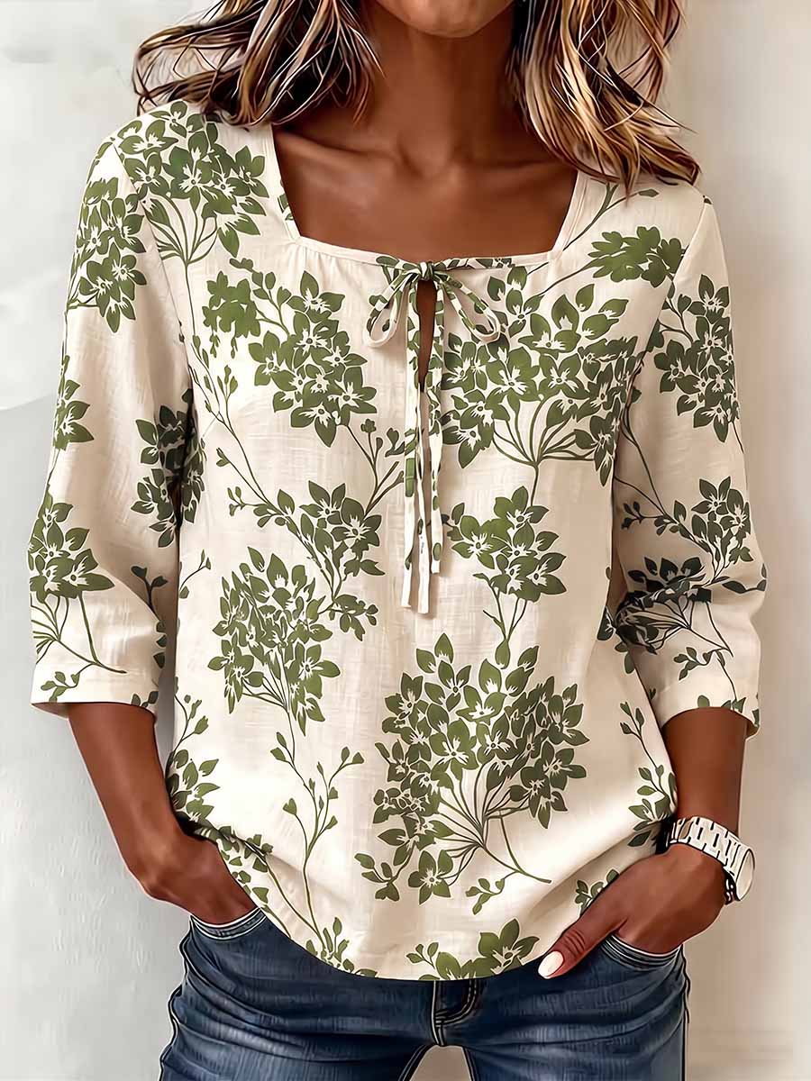 Women's Vintage-print Square-neck 3/4-sleeve Casual Loose Cotton-linen Top