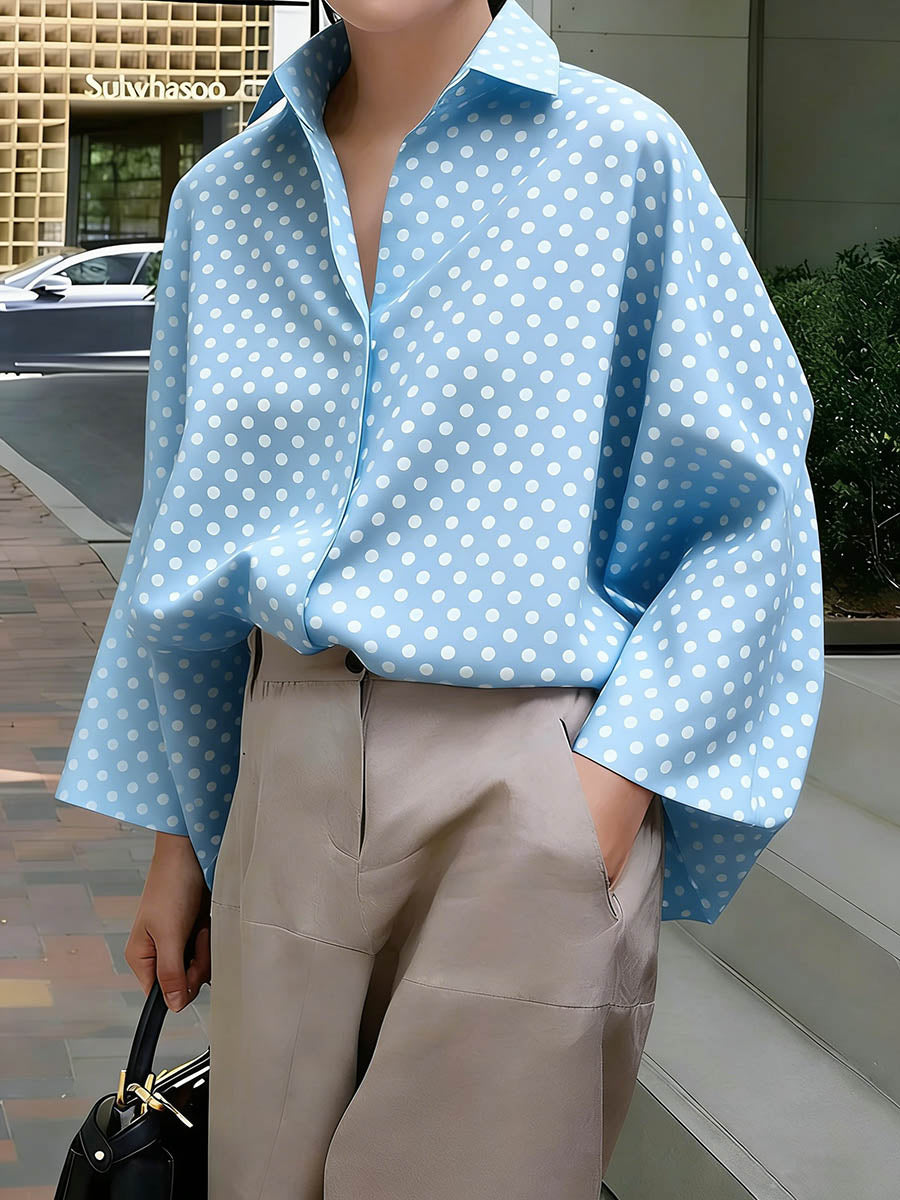 Women's Shirt-collar Long-sleeve Loose-fit Casual Top With Polka Dot Print