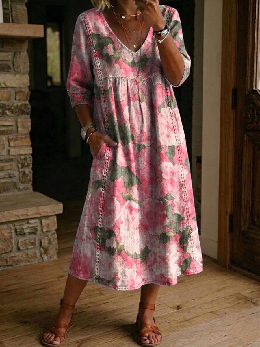 Women's Flower Print Casual Loose-fit Cotton-linen Dress With Lace Trim And Paneling