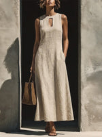 Sleeveless A-line Cotton-linen Maxi Dress With Square Keyhole Neckline