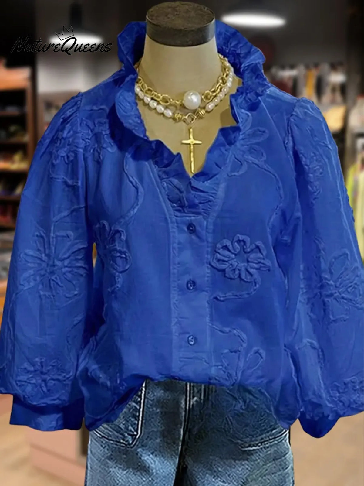 Women's Vintage Flower Art Print Casual Cotton And Linen Ruffle Shirt