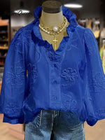 Women's Vintage Flower Art Print Casual Cotton And Linen Ruffle Shirt