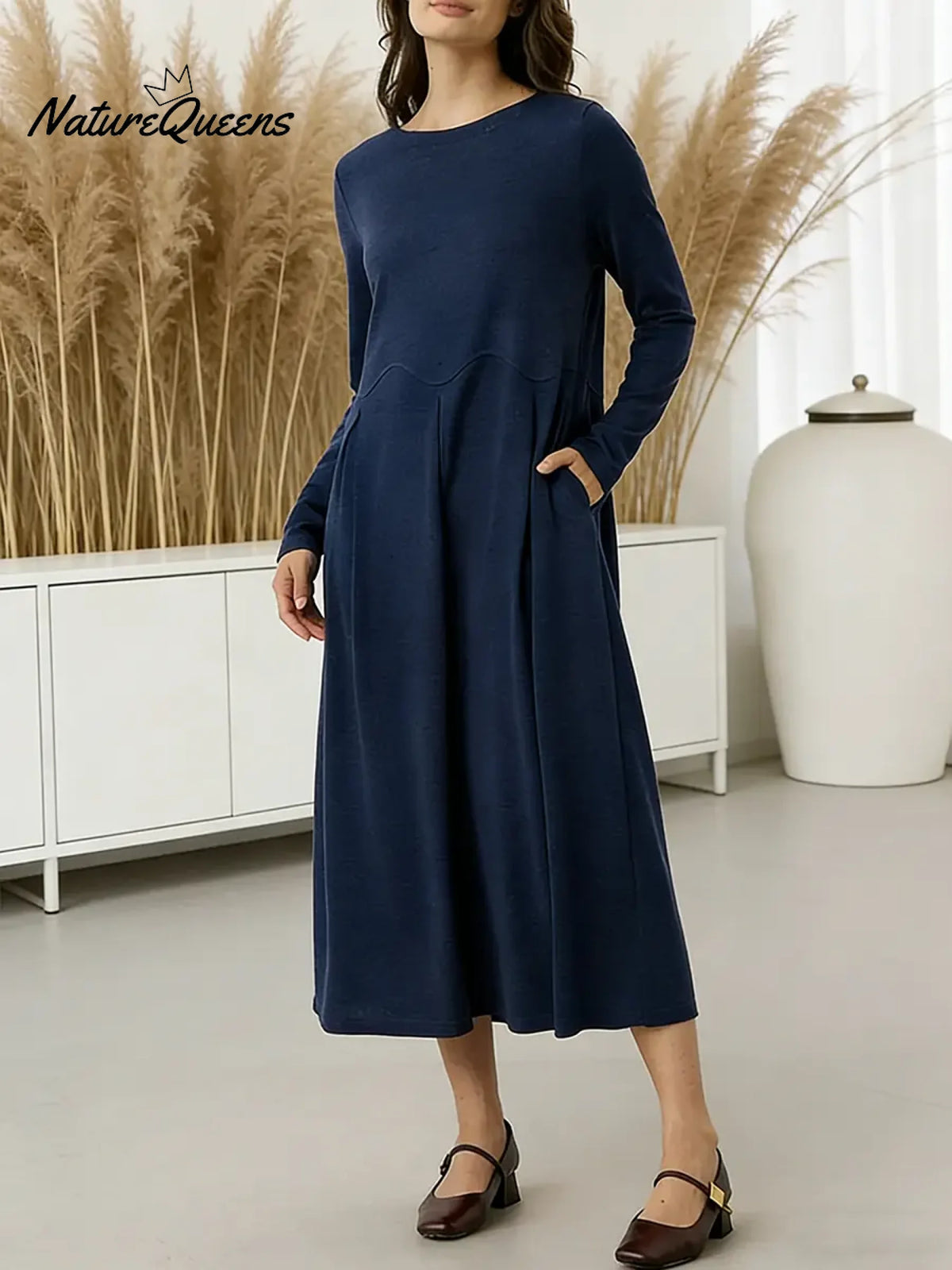 Women's Solid Color Round Neck Long Sleeve Casual Loose Knit Dress