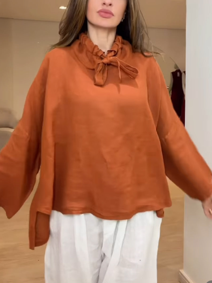 Loose And Cozy Linen-cotton Shirt With Neck Ties