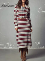 Women's Color-blocked Striped Print Cardigan Collar Long-sleeved Casual Loose Knit Dress