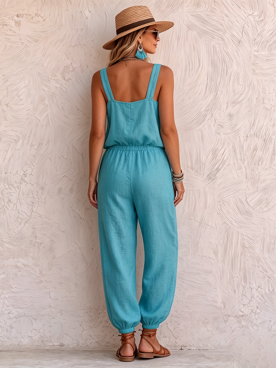 Boho-style Turquoise Shoulder Straps Jumpsuit