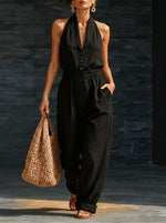 Elegant Cozy V-neck Button-up Loose Linen Jumpsuit