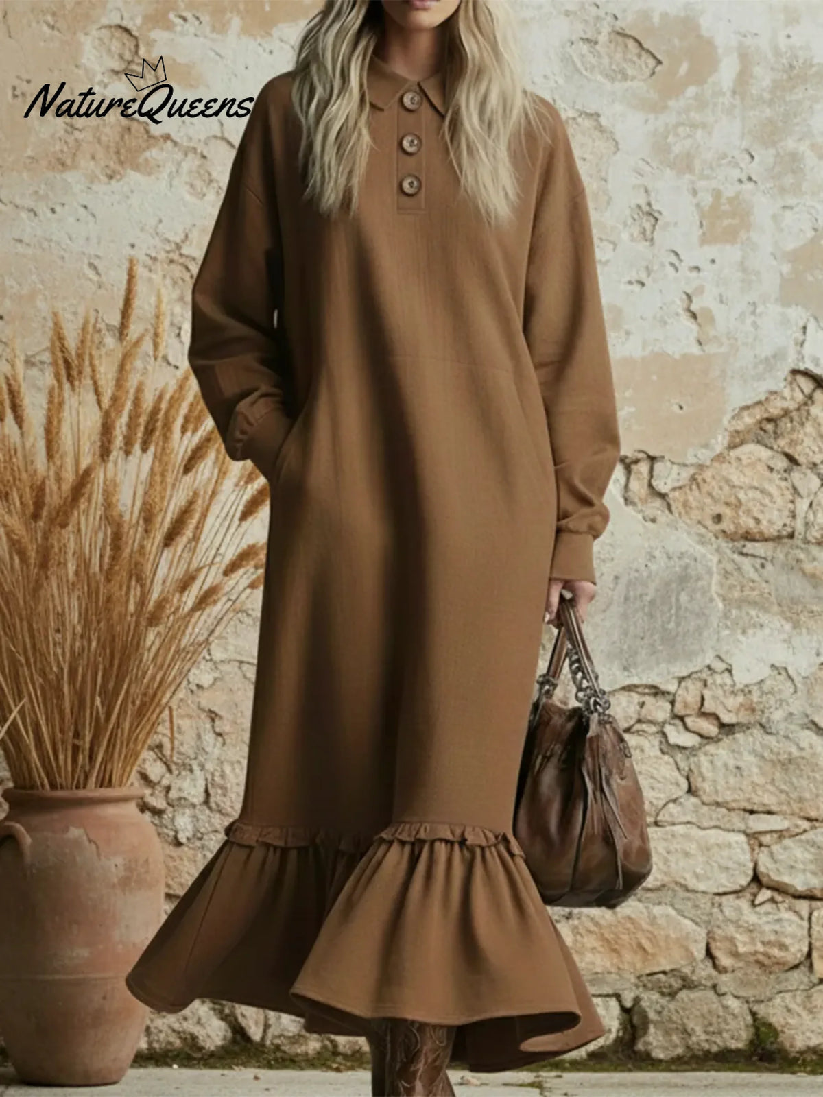 Retro Romantic Peter Pan Collar Button-down Ruffle Hem Dress