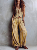 Women's Striped Print V-neck Sleeveless Casual Loose Cotton-linen Top And High-waisted Loose Wide-leg Pants Set