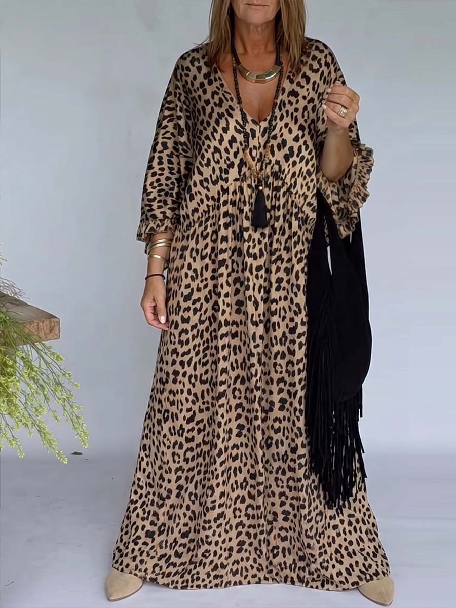 Women's Leopard Print V-neck Long Sleeve Casual Loose A-line Dress