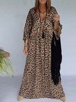 Women's Leopard Print V-neck Long Sleeve Casual Loose A-line Dress