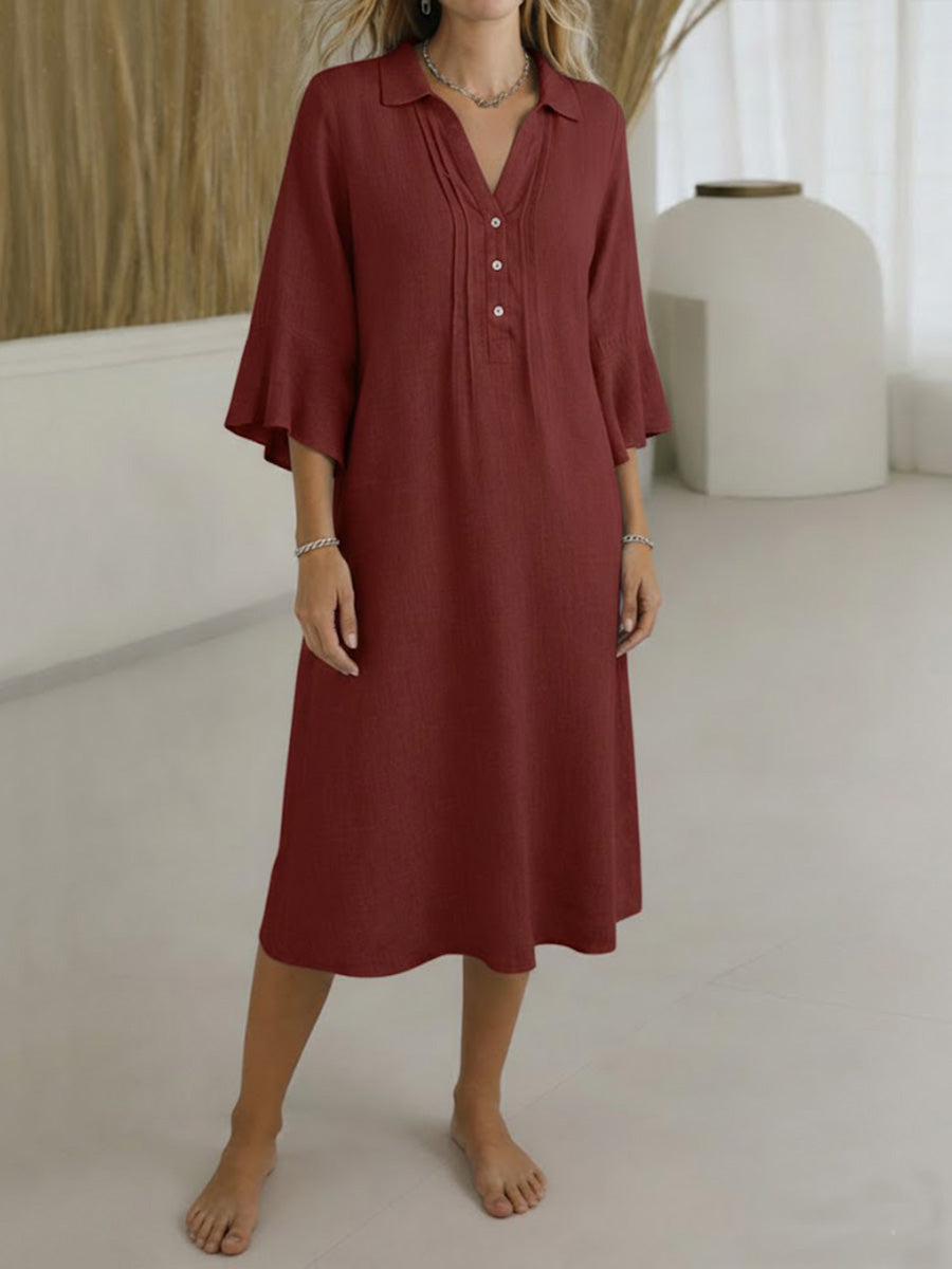 Women's Solid Color V-neck 3/4 Sleeve Casual Loose Linen Dress