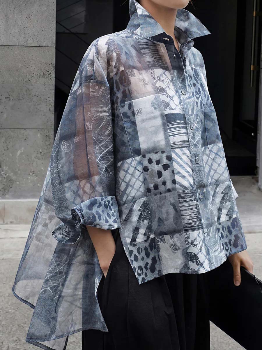Women's Casual Loose-fit Printed Top With Shirt Collar And Long Sleeves