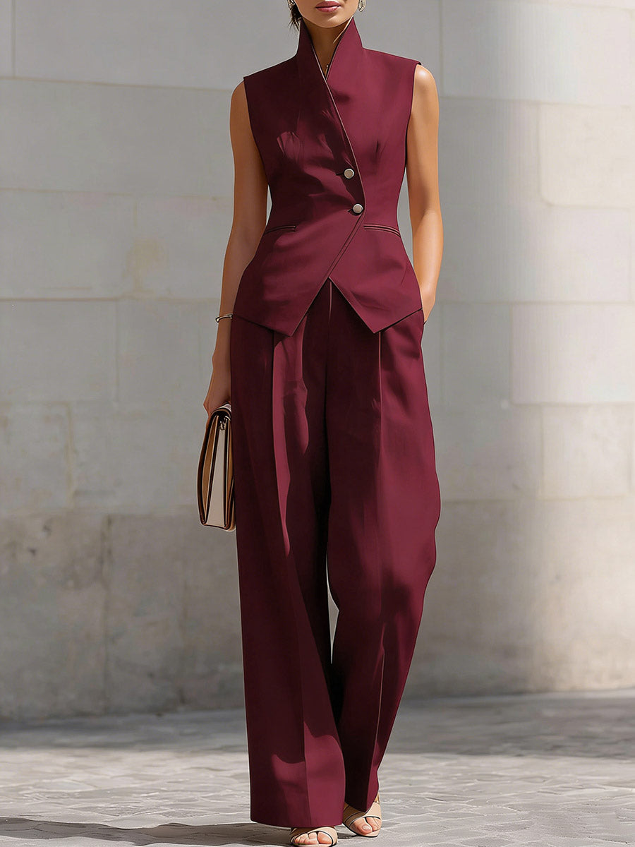 Women's Stand-up Collar Sleeveless Casual Loose Top And High-waisted Casual Loose Wide-leg Pants Cotton Set