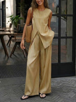 Women's Simple High-end Irregular Cut Sleeveless Top Cotton And Linen Set