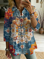 Women's Retro Floral Art Print Casual Lapel Cotton Shirt