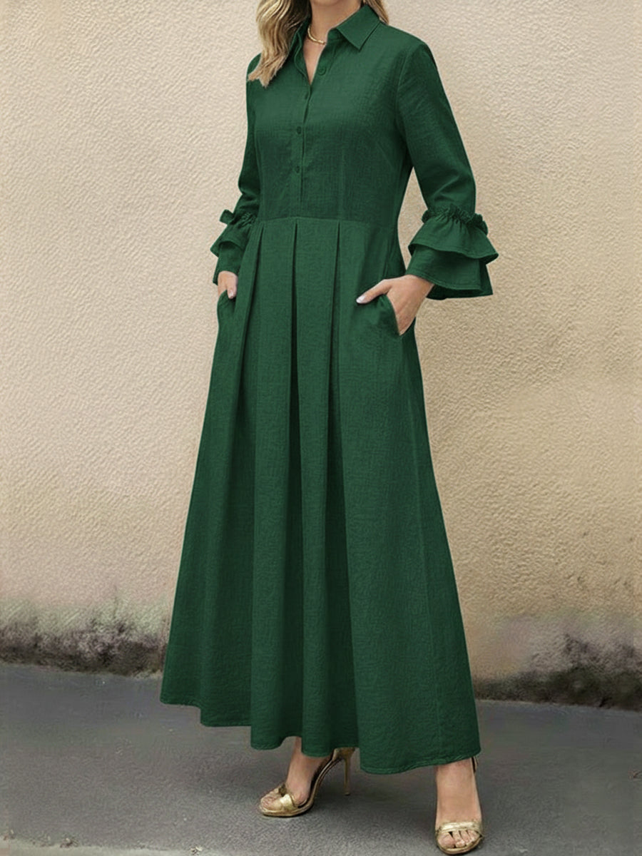 Women's Ruffled Sleeve Linen And Cotton Long Dress