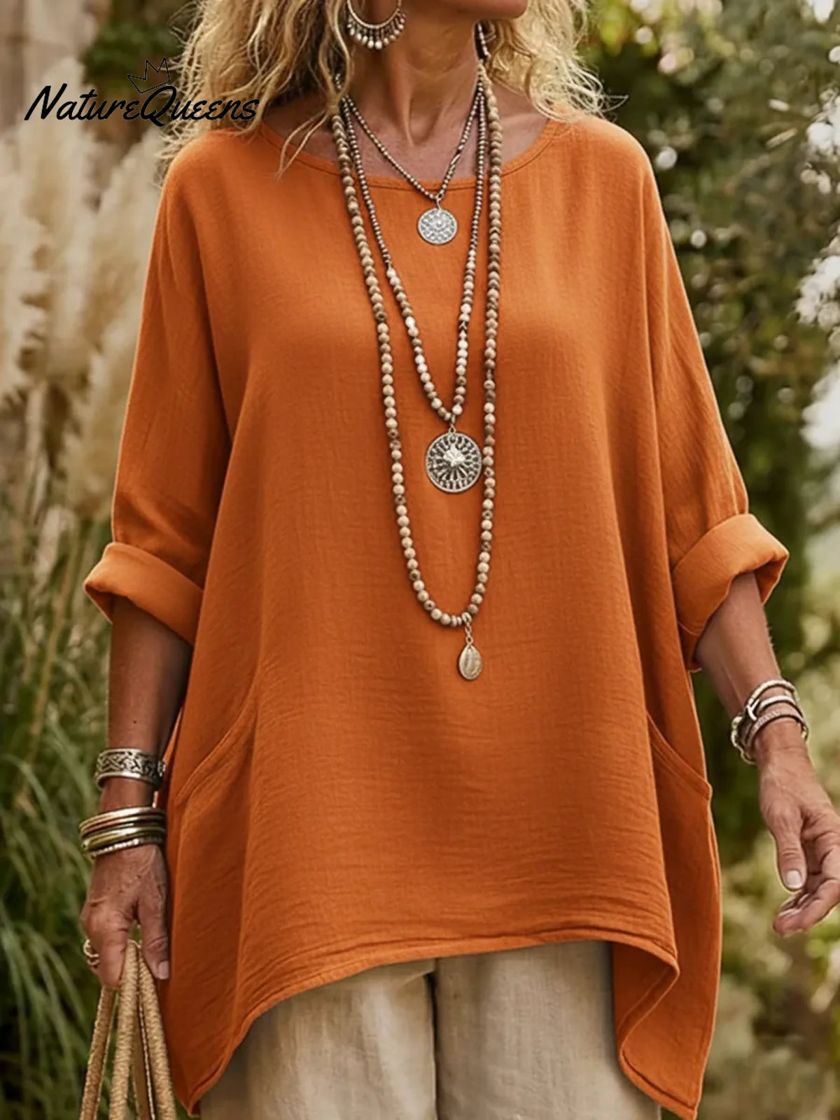 Casual V-neck Pocketed Irregular Hem Cotton And Linen Shirt