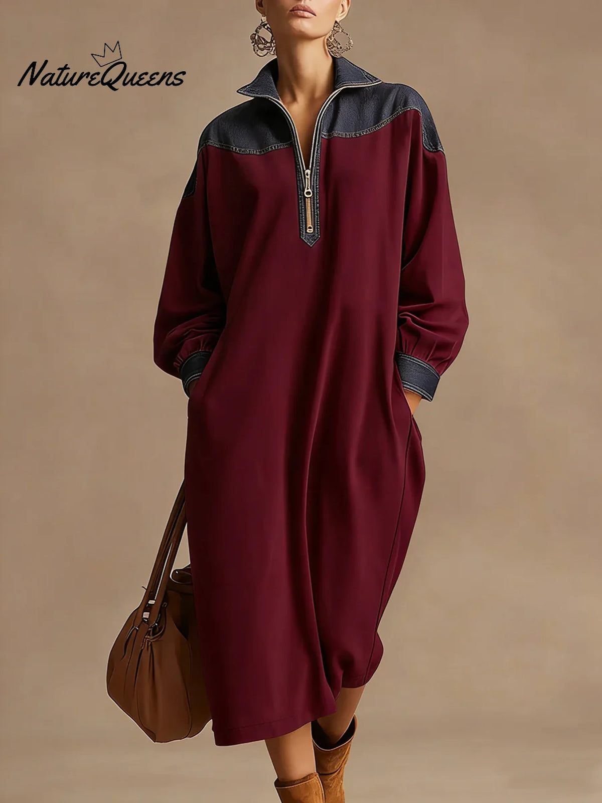 Women's Color-blocked Stand Collar Long Sleeve Casual Loose Cotton Dress