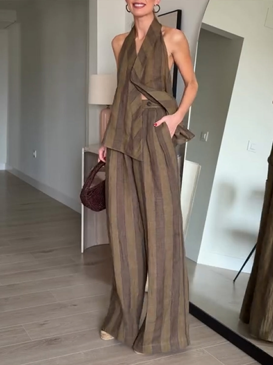 Stylish Casual Striped Backless Linen-cotton Top And Wide-leg Pants Two-piece Set