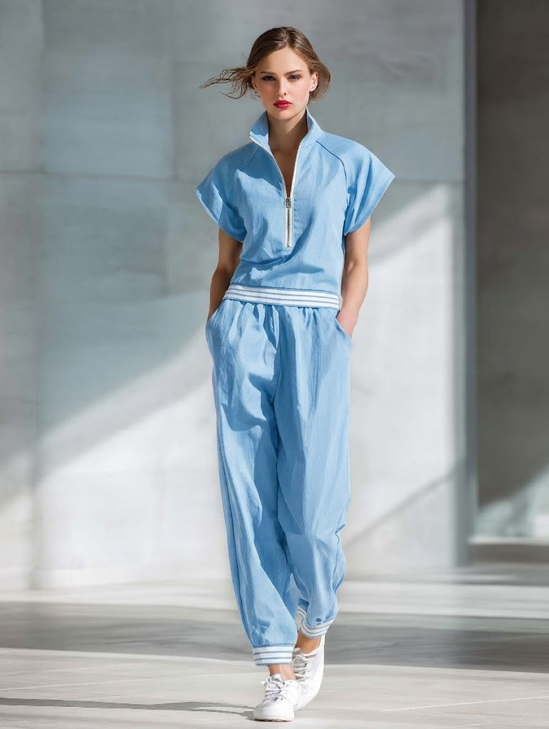 Athletic-casual Style Half-zip Cotton Top And Pants Two-piece Set