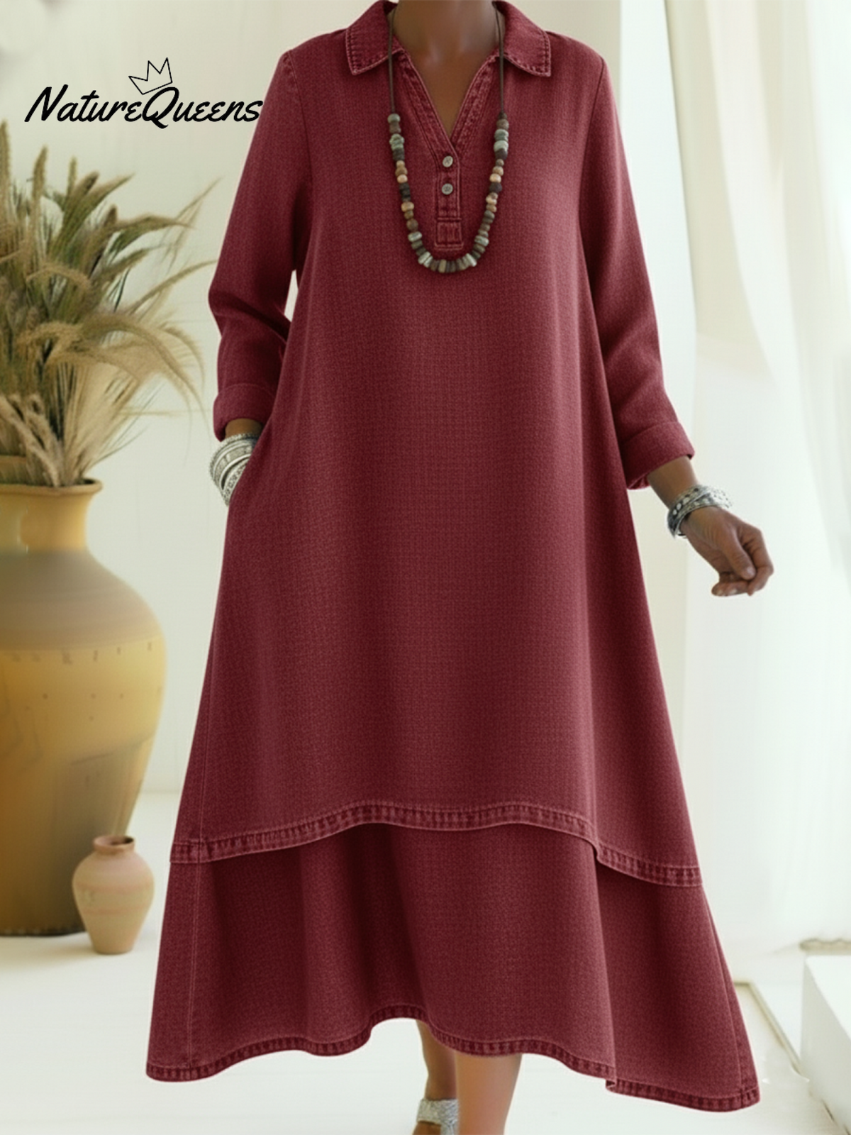 Casual Polo Collar Double-layered Hem Denim Dress