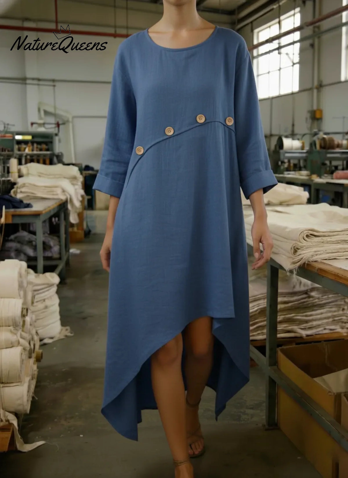 Cozy Patchwork Button-decorated Linen Dress