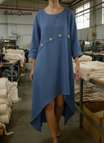 Cozy Patchwork Button-decorated Linen Dress