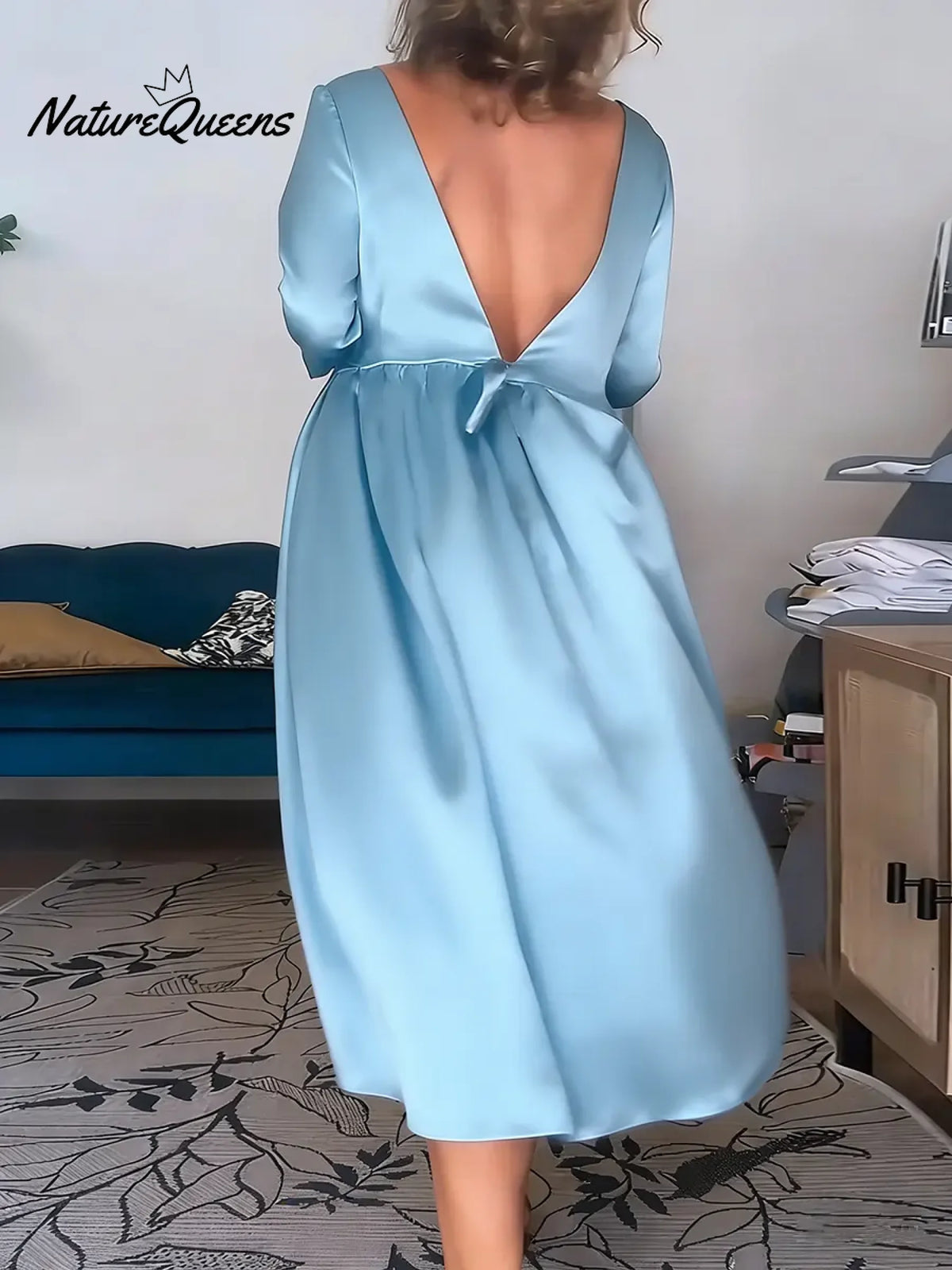 Women's Solid Color Round Neck Three-quarter Sleeve Loose Fit Satin Dress