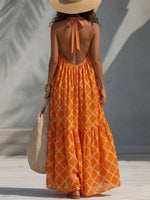 Diamond-print Halter Maxi Dress With Ruffle Paneling