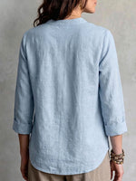 Women's Solid-color V-neck Long-sleeve Casual Loose Cotton-linen Top
