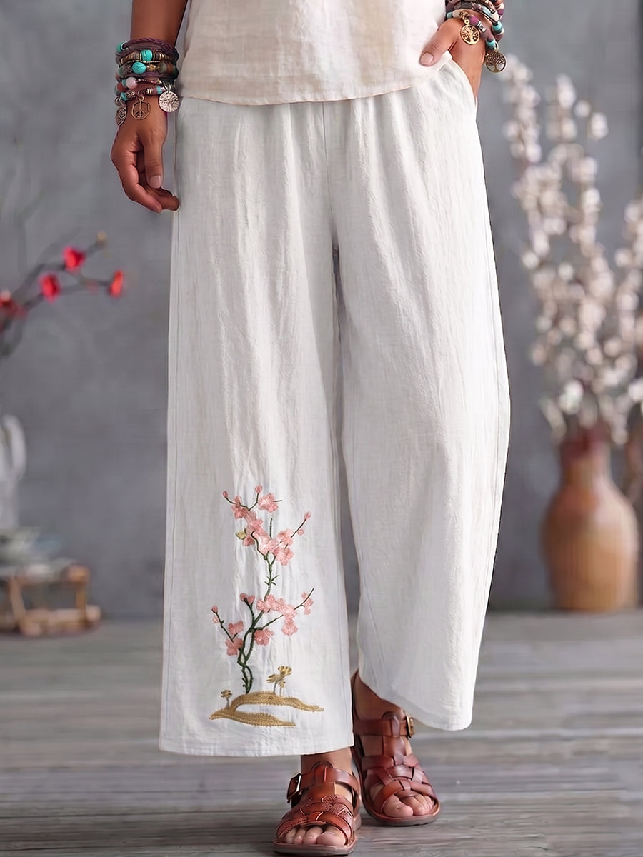 Cozy Floral-embroidered Cotton-linen Straight-leg Cropped Pants