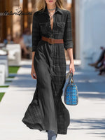 Women's Plaid Patchwork Shirt Collar Long-sleeved Casual Loose Cotton And Linen Dress