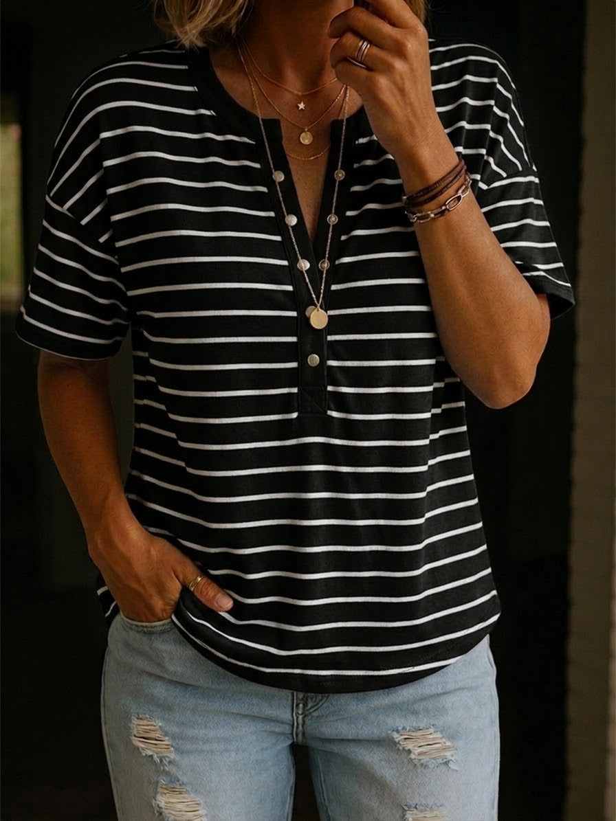 Cozy And Casual Henley Collar Striped Cotton T-shirt