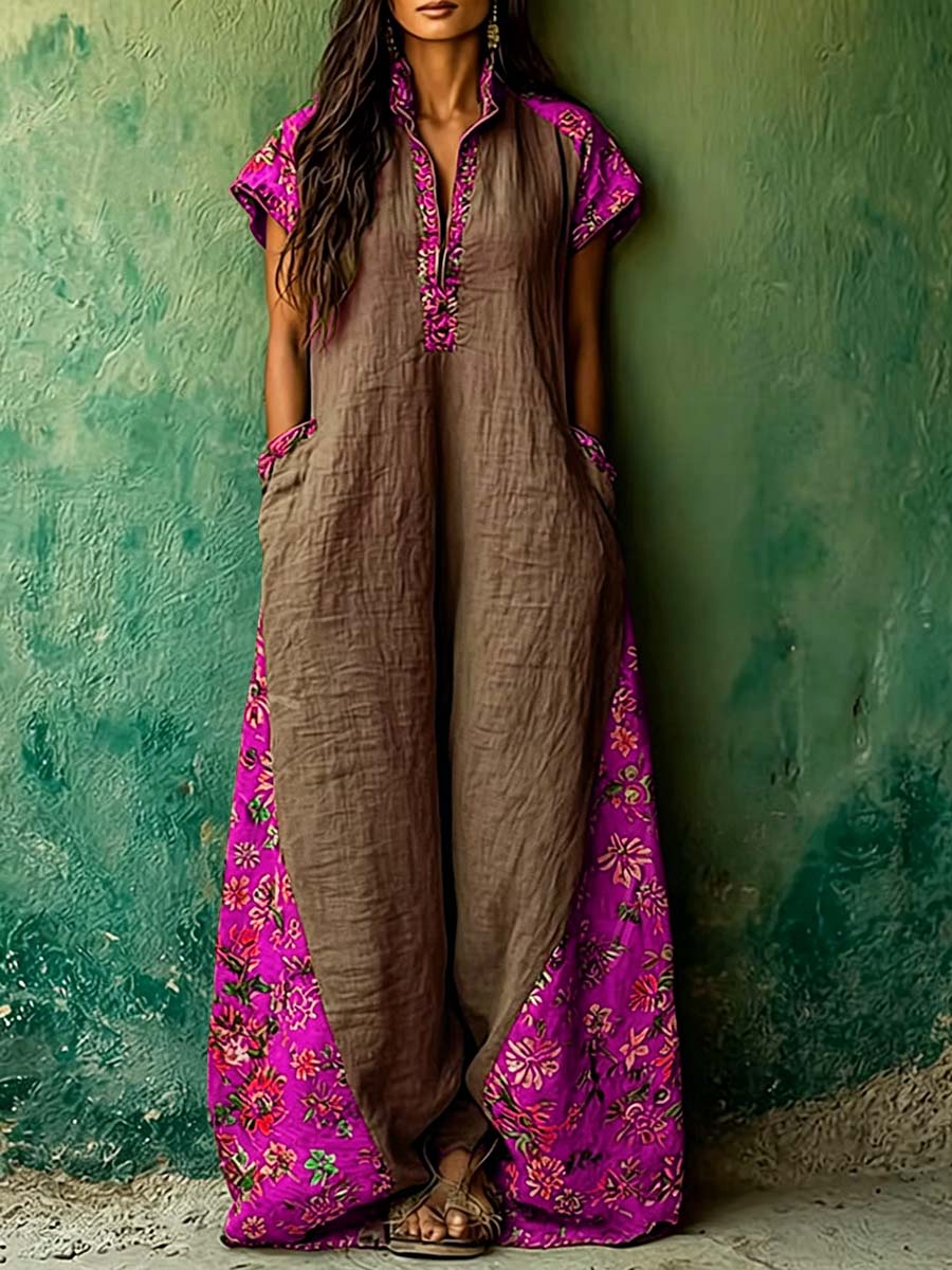 Women's Casual Loose Cotton-linen Dress With V-neck Short Sleeves And Placement Print