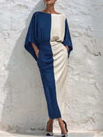 Women's Color-block Print Dress — Crew Neck 3/4 Sleeves Casual Loose Fit Waist-cinching Style