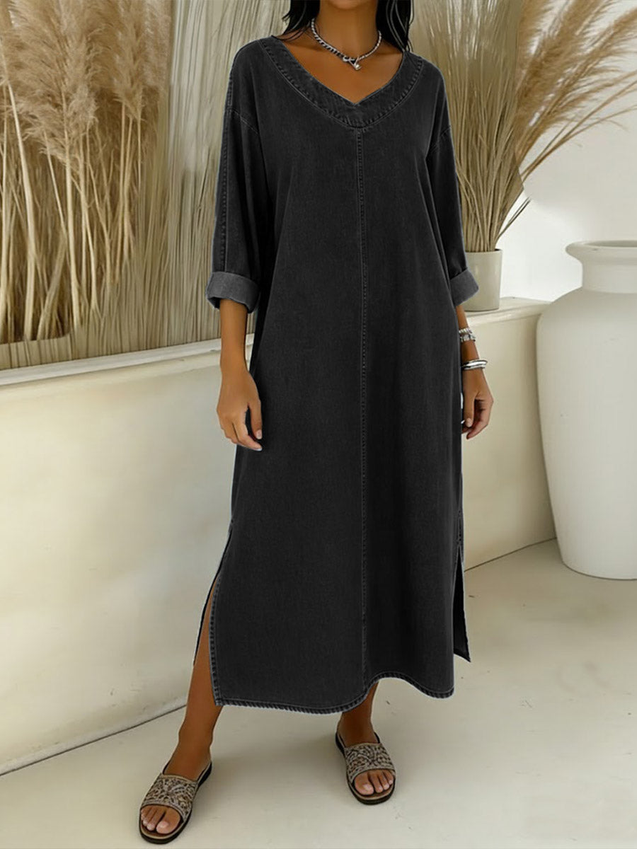 Women's New Spring Collection V-neck Long-sleeved Casual Loose Denim Dress With Side Slits.