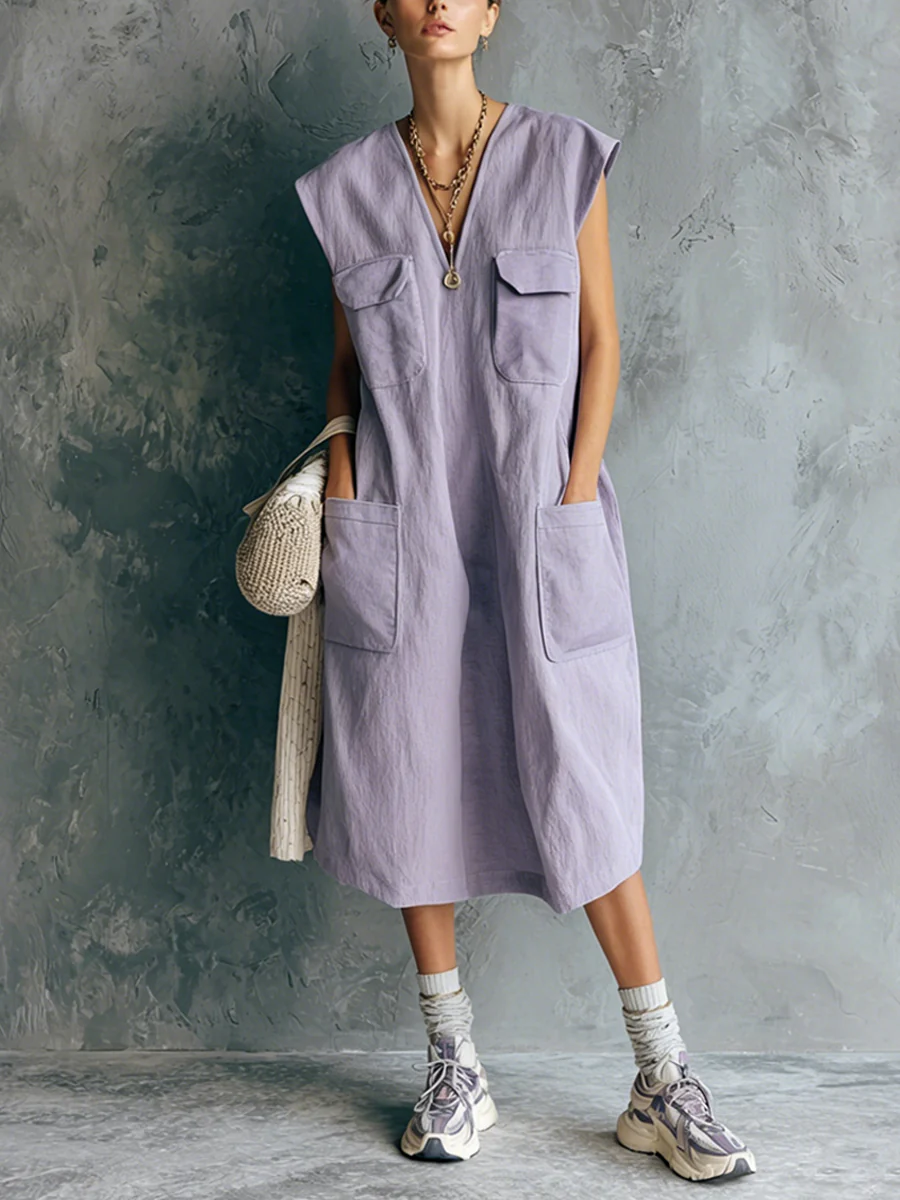 Casual Sleeveless Cotton Dress With Cargo Pockets