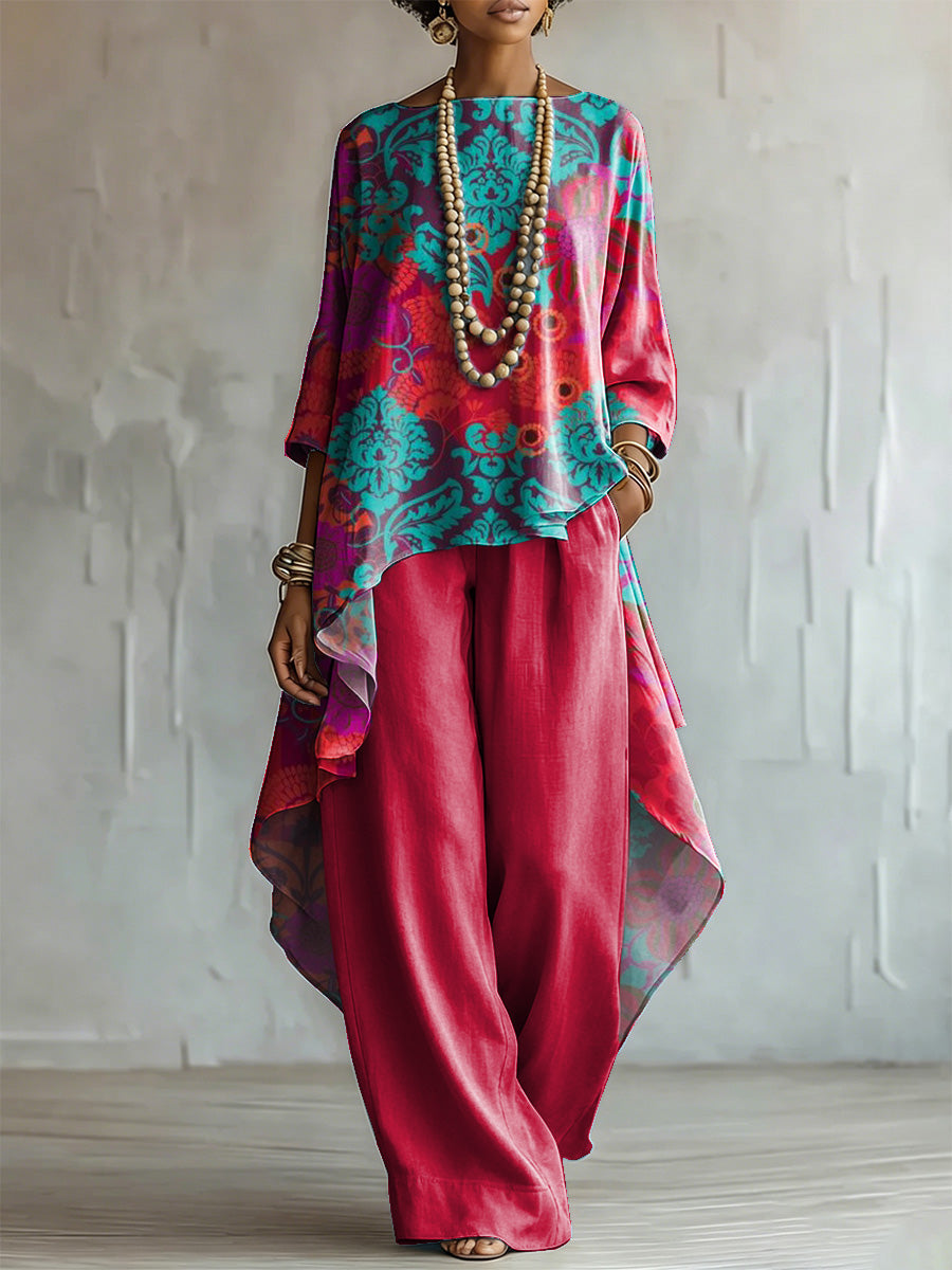 Loose-fit Ethnic-patterned Cotton-linen Top + Wide-leg Pants Set