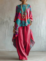 Loose-fit Ethnic-patterned Cotton-linen Top + Wide-leg Pants Set