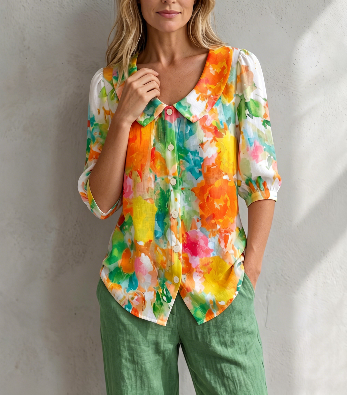 Watercolor Floral-print Peter Pan Collar Cotton-linen Blouse
