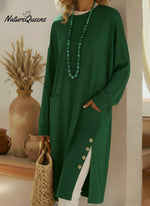 Casual Cozy Side-slit Button Cotton Sweatshirt Top