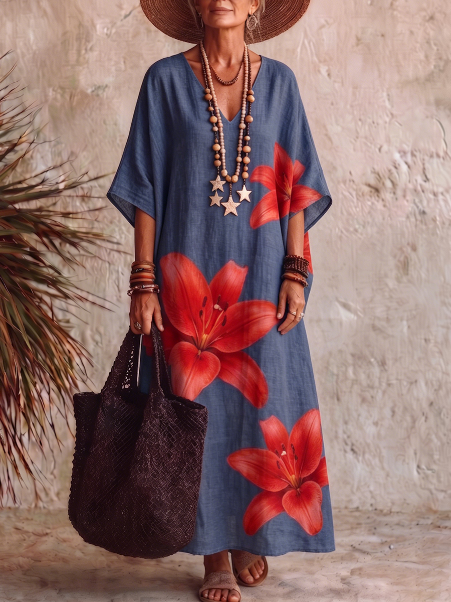 Retro Artistic Lily Print V-neck Cotton Dress