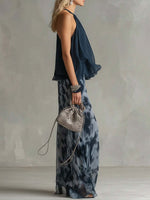 Women's Sleeveless Halter-neck Top And Printed Wide-leg Chiffon Pant Set